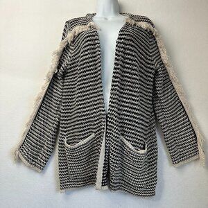 Knox Rose Cardigan‎ Sweater Womens Medium Black White Striped Tassel Fringe Trim